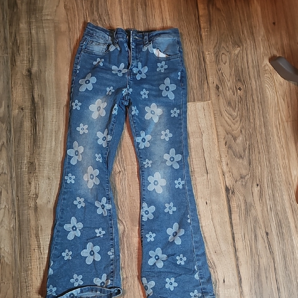 SHEIN Denim Floral Wide Leg Jeans